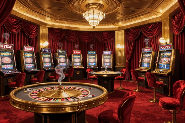Klassischer Casino-Saal mit Slot-Maschinen - SlotMafia Spielebibliothek