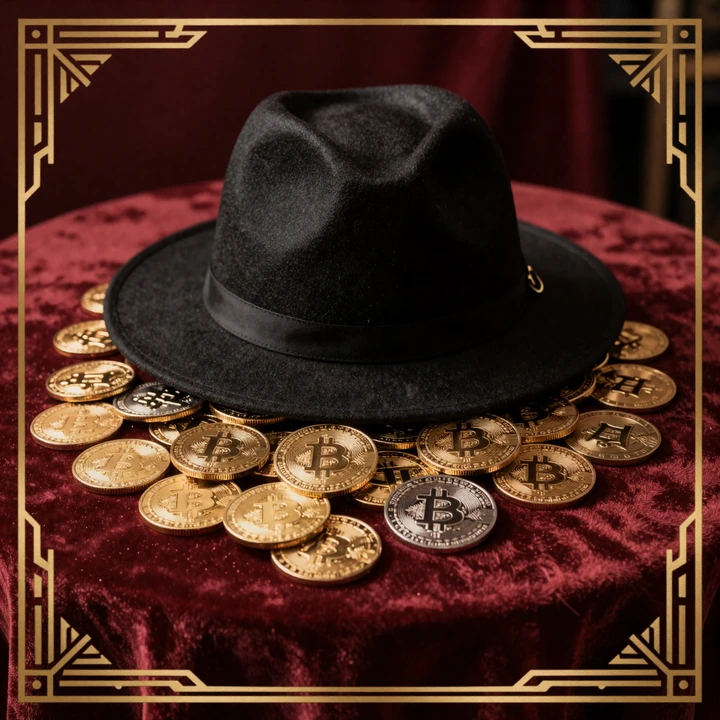 Krypto-M&uuml;nzen mit Mafia-Fedora - SlotMafia 7% Krypto-Bonus